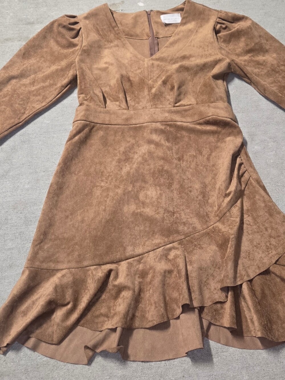 Suede Ruffle Hem Long Sleeve Dress - Brown Medium